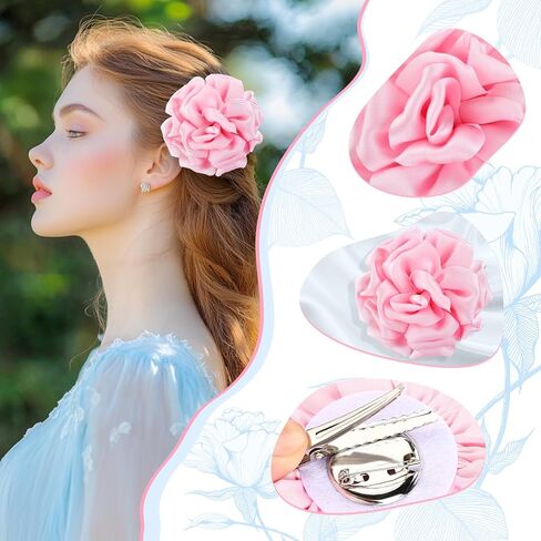 Dainty Satin Rose Flower Brooches 5.12 inch Large Camellia Flower Hair Clip Oversized Chiffon Rose Flower Brooch for Women Wedding Party Dance Ceremony Dress Clothes Accessories,Pink in Saudi Arabia