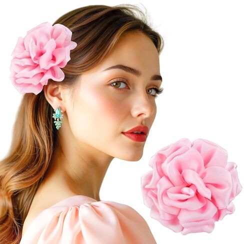Dainty Satin Rose Flower Brooches 5.12 inch Large Camellia Flower Hair Clip Oversized Chiffon Rose Flower Brooch for Women Wedding Party Dance Ceremony Dress Clothes Accessories,Pink in Saudi Arabia