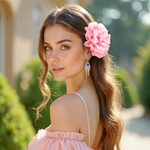 Dainty Satin Rose Flower Brooches 5.12 inch Large Camellia Flower Hair Clip Oversized Chiffon Rose Flower Brooch for Women Wedding Party Dance Ceremony Dress Clothes Accessories,Pink in Saudi Arabia