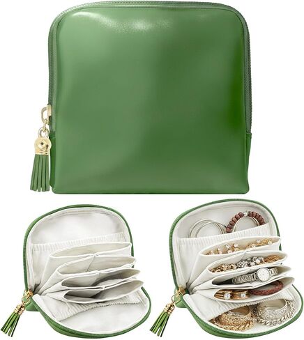 حقيبة تنظيم المجوهرات المحمولة، حقيبة مجوهرات صغيرة للسفر مع سحاب، حقيبة تنظيم المجوهرات المخملية للأساور والخواتم والأقراط والمجوهرات المختلفة (كريمي أخضر كبير) in Kuwait