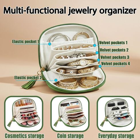 Portable Jewelry Organizer Case, Small Travel Jewelry Case with Zipper，Velvet Jewelry Organizer Bag for Bracelets, Rings, Earrings and Various Jewelry（Large Cream Green） in Saudi Arabia