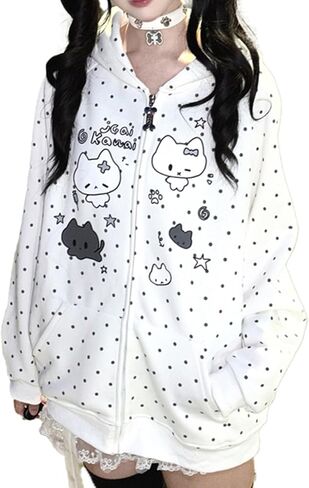Y2K Kawaii Cat Ear Zip Up Hoodies Cute Cat Graphic Jacket مع جيب كارتون بولكا دوت سويت شيرت كبير الحجم in Kuwait