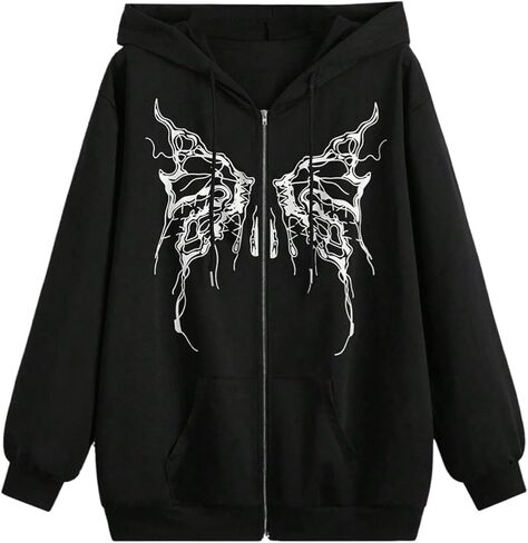 SHENHE Women's Y2k Zip Up Hoodie Butterfly Print Graphic Goth Punk Sweatshirt Jacket with Pockets in Saudi Arabia