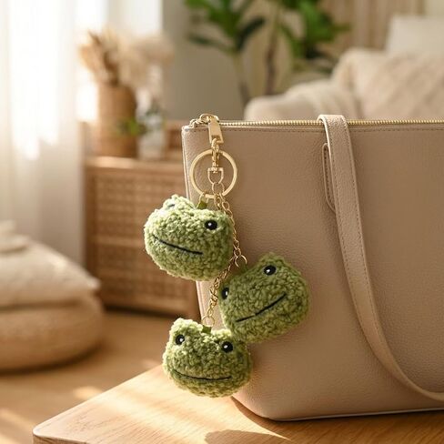 Cute Frog Keychain Charm Fluffy Trio Green Frogs Key Ring Holder Aesthetic Soft Plush Backpack Accessory Funny Purse Handbag Decoration Gift for Women Friends in Saudi Arabia