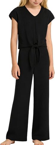 WESIDOM Girls 2 Piece Outfits Girl Suit Set Knot Front Short Sleeve Top Wide Pants Kids Formal Clothes Size 6-14Y in Kuwait