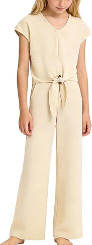 WESIDOM Girls 2 Piece Outfits Girl Suit Set Knot Front Short Sleeve Top Wide Pants Kids Formal Clothes Size 6-14Y in Saudi Arabia