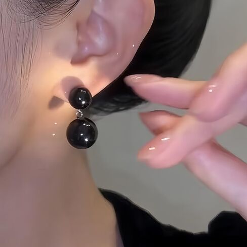 Long Black Pearl Bead Earrings Fashion Large Round Balls Pearls Beaded Dangling Earring for Women Trendy Geometric Beads Statement Jewelry Prom Accessories in Kuwait