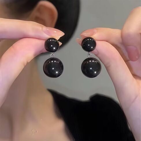 Long Black Pearl Bead Earrings Fashion Large Round Balls Pearls Beaded Dangling Earring for Women Trendy Geometric Beads Statement Jewelry Prom Accessories in Kuwait