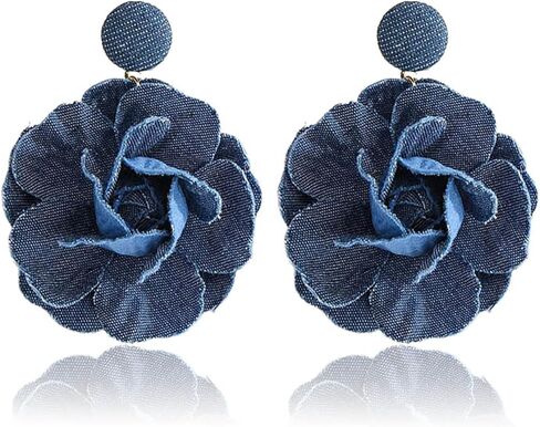 coadipress Boho Denim Camellia Flower Dangle Earrings for Women Exaggerated Big Layered Tiered Blossom Floral Drop Long Earring Chic Statement Earrings Wedding Bridal Jewelry Gifts in Saudi Arabia
