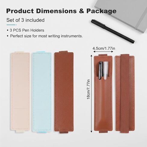 3Pcs Elastic Pen Holder for Notebook with Adjustable Strap Band, Leather Pen Sleeve Pouch Pencil Case for Bible Journals Planners Binders Books(Beige, Brown, Blue) in Kuwait