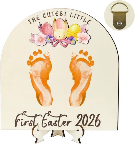 Baby's First Easter Footprint DIY Wooden Sign, My Baby's 1st Easter Gifts Craft, My First Holiday Milestone Signs Have Bunny Footprints, Easter Eggs, Easter Decor Gifts for New Parents in Kuwait