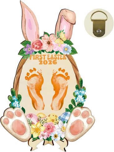Baby's First Easter Footprint DIY Wooden Sign, My Baby's 1st Easter Gifts Craft, My First Holiday Milestone Signs Have Bunny Footprints, Easter Eggs, Easter Decor Gifts for New Parents in Kuwait
