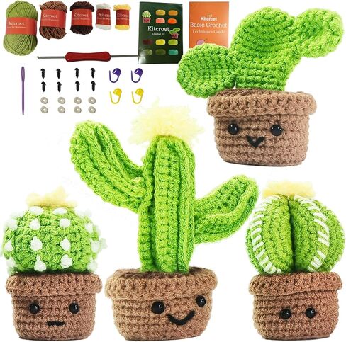 4 Style Cactus Crochet Kit for Beginner, Step-by-Step Crochet Tutorial Help to Easy Get Start, DIY Crochet Knitting Material Kit Include All Tools Needed, Best Gift for Friends and Someone You Love in Kuwait