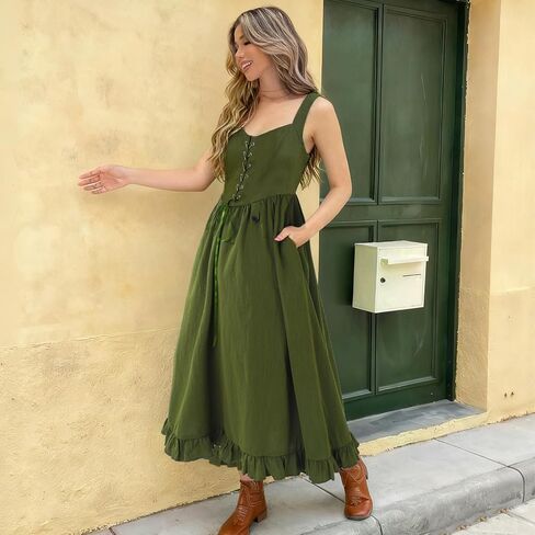 Renaissance Dress for Women Ren Faire Dress Medieval Sleeveless Lace Up Cottagecore Gown Olive Green Maxi Skirt in Kuwait