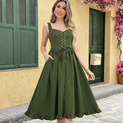 Renaissance Dress for Women Ren Faire Dress Medieval Sleeveless Lace Up Cottagecore Gown Olive Green Maxi Skirt in Kuwait