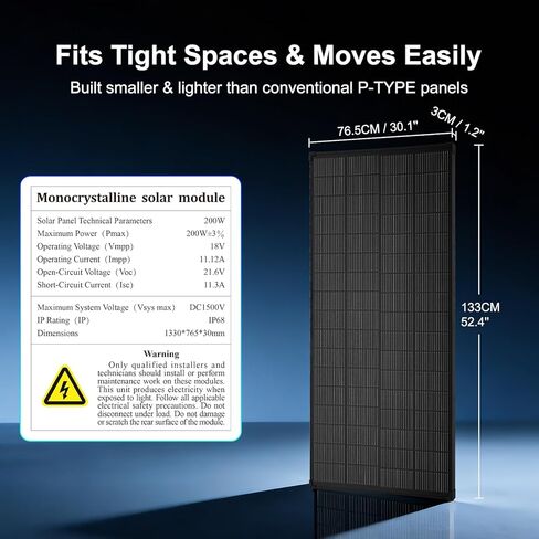 الألواح الشمسية N-Type 16BB 200W Solar Panel، 200 Watt Solar Panel 18V A + خلية أحادية البلورية 25٪ كفاءة عالية، لأنظمة RV Van Marine Home Rooftop خارج الشبكة (52.4 بوصة × 30.1 بوصة، أسود مفرد) in Kuwait