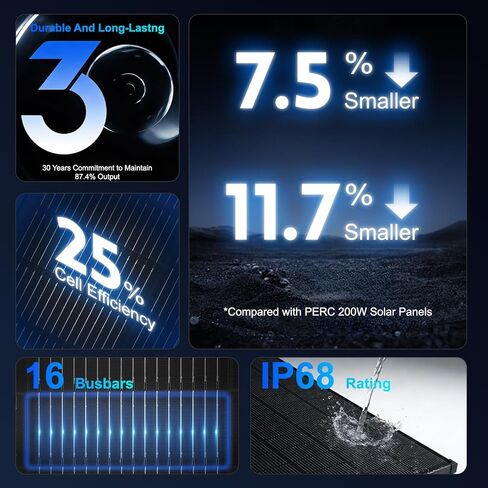 الألواح الشمسية N-Type 16BB 200W Solar Panel، 200 Watt Solar Panel 18V A + خلية أحادية البلورية 25٪ كفاءة عالية، لأنظمة RV Van Marine Home Rooftop خارج الشبكة (52.4 بوصة × 30.1 بوصة، أسود مفرد) in Kuwait