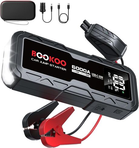 BOOKOO 6000A Jump Starter، صندوق قفز السيارة المحمول 12 فولت، 88.8 وات في الساعة، بطارية السيارة مع حزمة بطارية شحن سريع 65 وات ثنائية الاتجاه لجميع محركات الغاز والديزل 12 لتر - ترقية 2026 in Kuwait