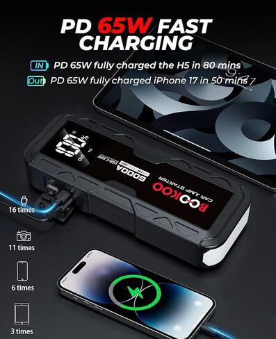 BOOKOO 6000A Jump Starter، صندوق قفز السيارة المحمول 12 فولت، 88.8 وات في الساعة، بطارية السيارة مع حزمة بطارية شحن سريع 65 وات ثنائية الاتجاه لجميع محركات الغاز والديزل 12 لتر - ترقية 2026 in Kuwait