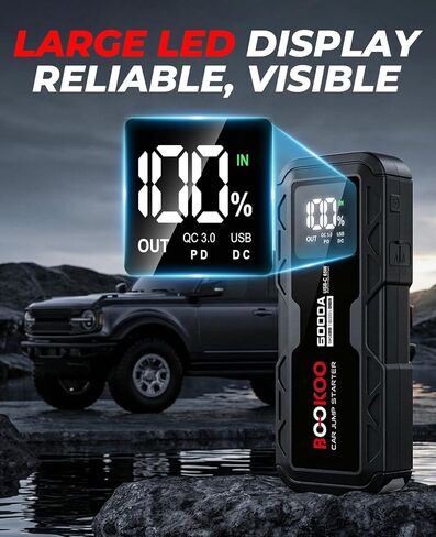 BOOKOO 6000A Jump Starter، صندوق قفز السيارة المحمول 12 فولت، 88.8 وات في الساعة، بطارية السيارة مع حزمة بطارية شحن سريع 65 وات ثنائية الاتجاه لجميع محركات الغاز والديزل 12 لتر - ترقية 2026 in Kuwait