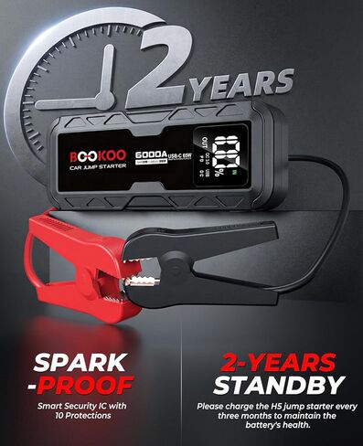 BOOKOO 6000A Jump Starter، صندوق قفز السيارة المحمول 12 فولت، 88.8 وات في الساعة، بطارية السيارة مع حزمة بطارية شحن سريع 65 وات ثنائية الاتجاه لجميع محركات الغاز والديزل 12 لتر - ترقية 2026 in Kuwait