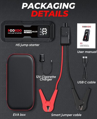 BOOKOO 6000A Jump Starter، صندوق قفز السيارة المحمول 12 فولت، 88.8 وات في الساعة، بطارية السيارة مع حزمة بطارية شحن سريع 65 وات ثنائية الاتجاه لجميع محركات الغاز والديزل 12 لتر - ترقية 2026 in Kuwait