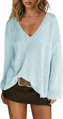 Panadila Women V Neck Oversized Sweaters Casual Off The Shoulder Sweater Knit Long Sleeve Tops Fall Outfits (Light Blue,L) in Kuwait