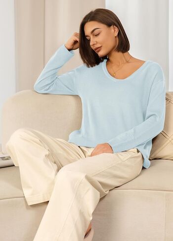 Panadila Women V Neck Oversized Sweaters Casual Off The Shoulder Sweater Knit Long Sleeve Tops Fall Outfits (Light Blue,L) in Kuwait