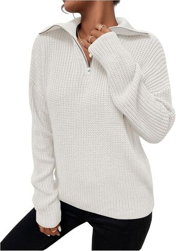OYOANGLE Women's Long Sleeve Quarter Zip Pullover Sweater Casual Loose Drop Shoulder V Neck Collared Knit Jumper Tops in Saudi Arabia