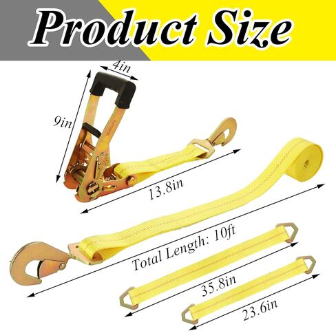 4 Pack Car Tie Down Straps for Trailers 2'' x10' Ratchet Strap with Snap Hooks, 10000 LBS Break Strength, Heavy Duty Trailer Strap 24'' and 36'' Axle Straps, for Car, Truck, UTV (Yellow) in Kuwait