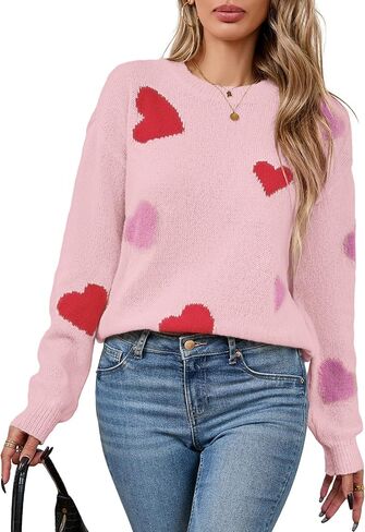 Womens Oversized Cute Heart Sweater Spring Winter 2025 Trendy Ladies Dressy Casual Lightweight Ribbed Knit Crewneck Long Sleeve Pullover Knitted Tops Pink S in Kuwait