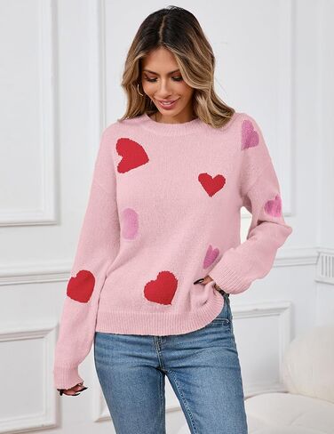 Womens Oversized Cute Heart Sweater Spring Winter 2025 Trendy Ladies Dressy Casual Lightweight Ribbed Knit Crewneck Long Sleeve Pullover Knitted Tops Pink S in Kuwait