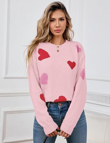Womens Oversized Cute Heart Sweater Spring Winter 2025 Trendy Ladies Dressy Casual Lightweight Ribbed Knit Crewneck Long Sleeve Pullover Knitted Tops Pink S in Kuwait