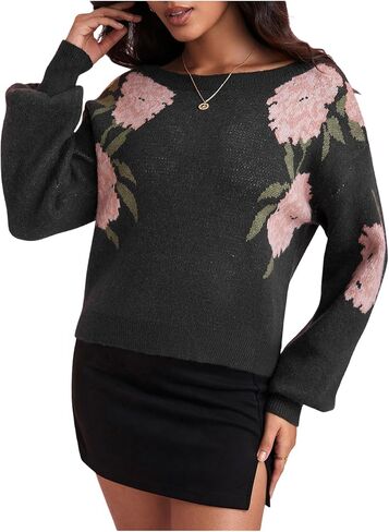 SOLY HUX Women's Floral Sweater Long Sleeve Boat Neck Shirts Pullover Knit Jumper Tops in Saudi Arabia