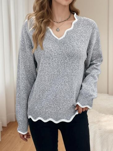 Womens V Neck Contrast Trim Cable Knit Sweater Loose Fitted Casual Spring Pullover Sweaters in Saudi Arabia