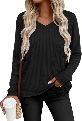 Women's V Neck Sweater Long Sleeve Knit Oversized Shirt Loose Lightweight Fall Casual Pullover Sweater Top in Kuwait