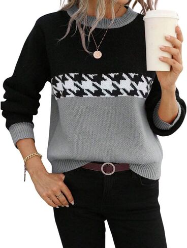 chouyatou Women's Vintage Color Block Long Sleeve Pullover Sweater Houndstooth Printed Crewneck Jumper Tops in Saudi Arabia