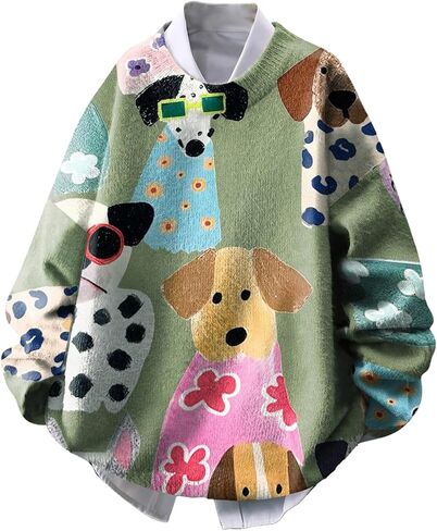 Women's Colorful Puppy Graphic Sweaters Crew Neck Long Sleeve Pullover Sweaters Cute Jumpers in Saudi Arabia