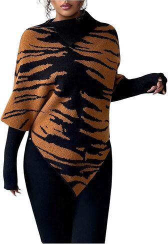 MakeMeChic Women's Zebra Striped Half Sleeve Sweater Mock Neck Asymmetrical Winter Y2K Knit Tops in Saudi Arabia