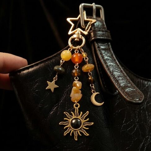 Celestial Sun Moon and Star Keychain with Natural Stone Beads and Gold Tone Alloy Metal Bag Charm Accessory in Saudi Arabia