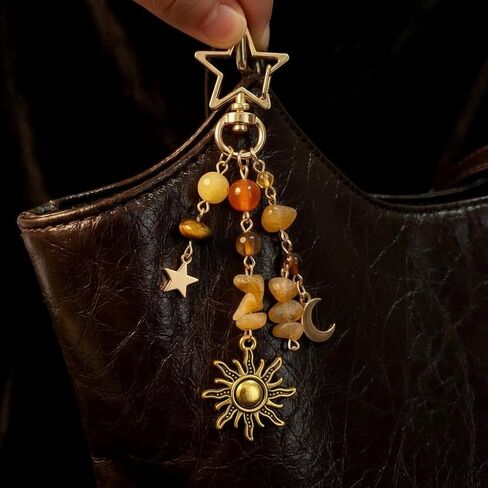 Celestial Sun Moon and Star Keychain with Natural Stone Beads and Gold Tone Alloy Metal Bag Charm Accessory in Saudi Arabia