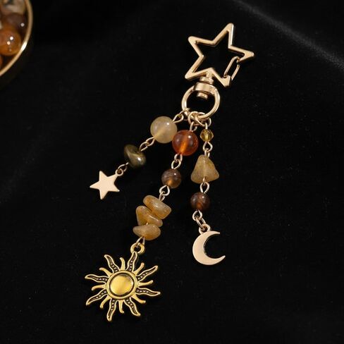Celestial Sun Moon and Star Keychain with Natural Stone Beads and Gold Tone Alloy Metal Bag Charm Accessory in Saudi Arabia