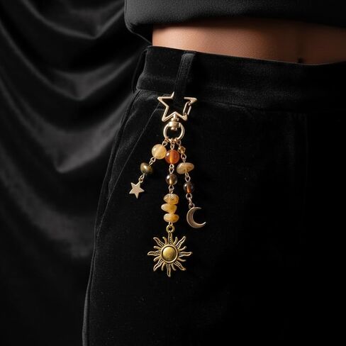 Celestial Sun Moon and Star Keychain with Natural Stone Beads and Gold Tone Alloy Metal Bag Charm Accessory in Saudi Arabia