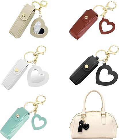 Lipstick Holder Keychain, Portable PU Leather Lipstick Rack with Mirror in Saudi Arabia
