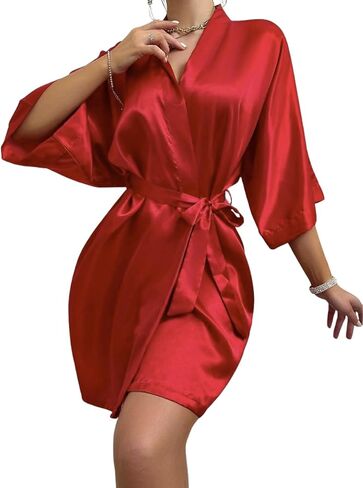 Women's Red Satin Robe Silky Kimono Bathrobe Short Dressing Gown Sexy Sleepwear Bridesmaid Wedding Party Loungewear in Saudi Arabia