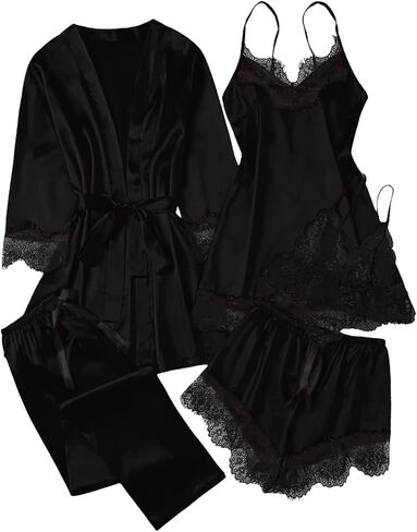 Womens Satin Pajamas Set 5 Piece Robe Lace Cami Slip Dress Shorts and Pants Silky Pjs Loungewear Set in Saudi Arabia