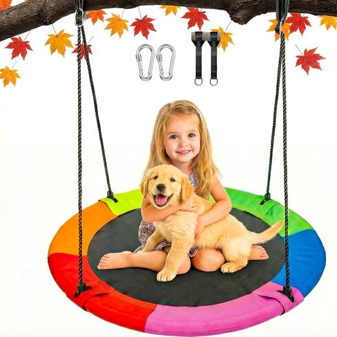 40 Inch Saucer Tree Swing for Kids Outdoor, Textilene Fabric Tear & UV Resistant Waterproof, Round Disc Circle Swing with Adjustable Hanging Straps, Swing Set for Backyard Garden, Pink in Kuwait