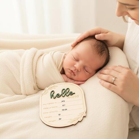 Baby Name Announcement Sign, Wooden Announcement Sign for New Baby, Hello World Birth Announcement Signs with Pen & Pen & Stand for Home, Hospital, Nursery, Baby's Arrival Gifts(6 x 4 x 0.1 inch) in Kuwait