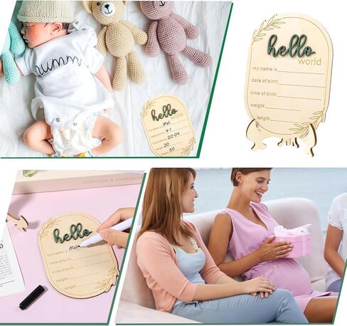 Baby Name Announcement Sign, Wooden Announcement Sign for New Baby, Hello World Birth Announcement Signs with Pen & Pen & Stand for Home, Hospital, Nursery, Baby's Arrival Gifts(6 x 4 x 0.1 inch) in Kuwait