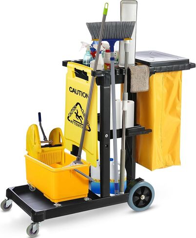 Houseables Cleaning Cart, Janitorial Cart, Cleaning Carts on Wheels, Commercial Housekeeping Cart, Janitor Cart, Rolling Cleaning Supply Cart, 440 LB Capacity, 3 Shelf, 24 Gallon Bag w/Lid, 48x19x39" in Kuwait